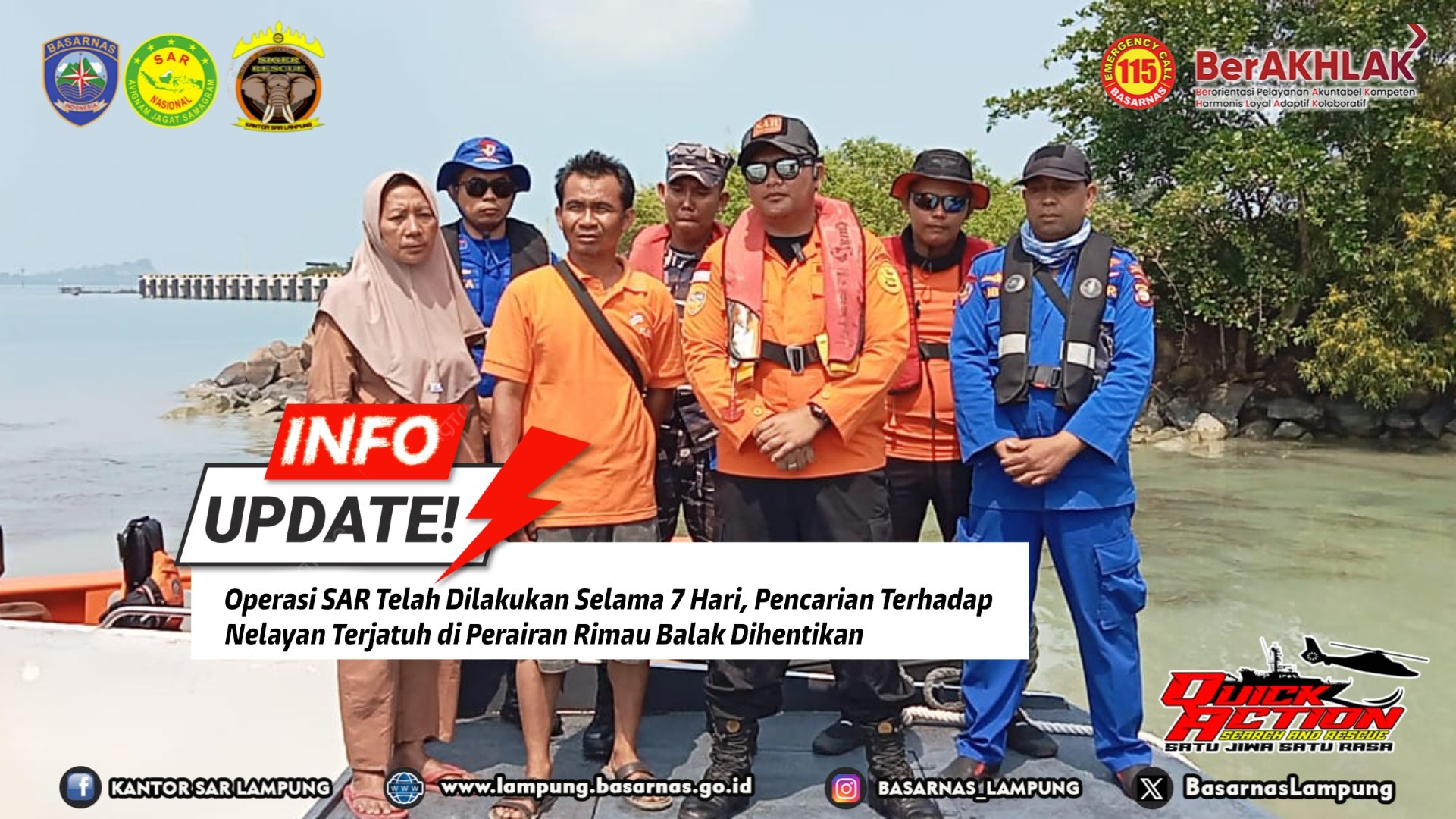 Operasi SAR Telah Dilakukan Selama 7 Hari, Pencarian Terhadap Nelayan Terjatuh di Perairan Rimau Balak Dihentikan